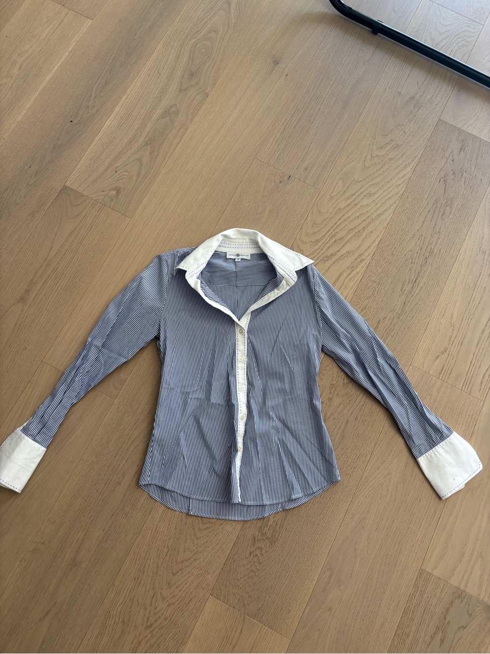 Women's Blue Pinstripe Button-Down Shirt with White Trim